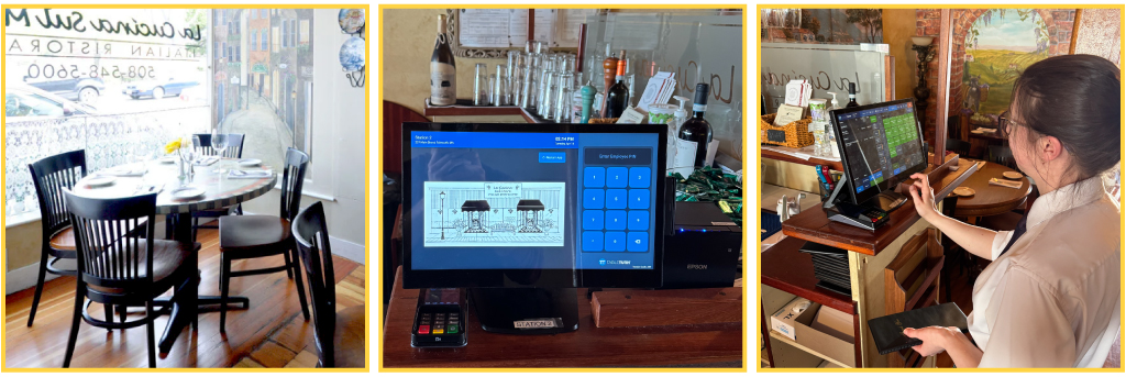 a dining room, tableturn POS, and a server using the POS